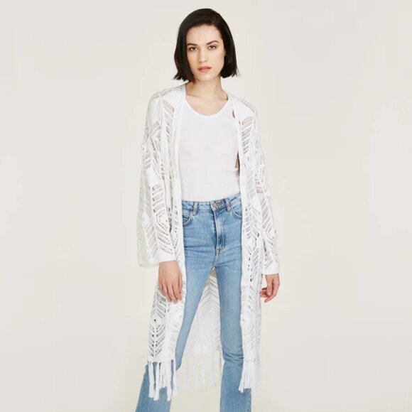 Womens Cotton by Autumn Cashmere Pointelle Knit Fringed Open Cardigan Duster S - Picture 2 of 15